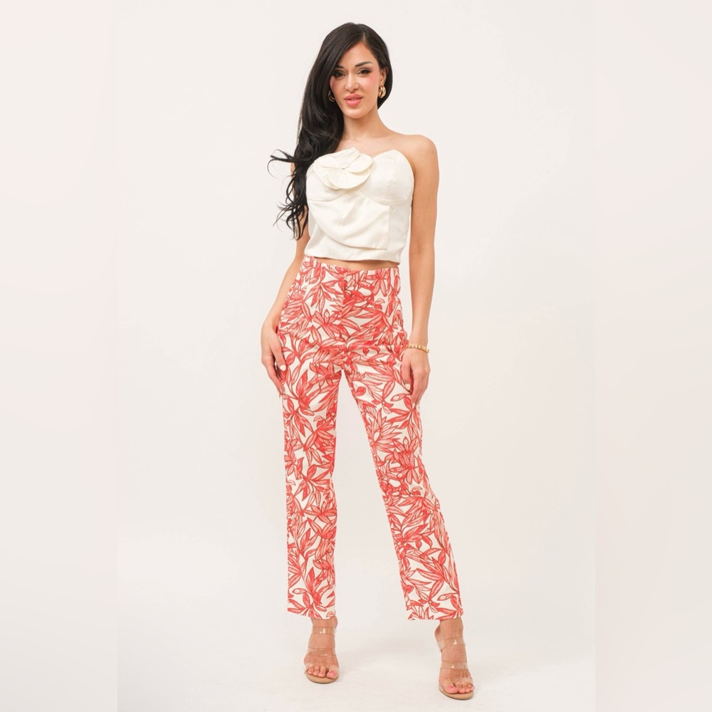 NWT Boutique Gianna Leaf-Printed Slim Tailored Pants|Elegant Office & Event Wear